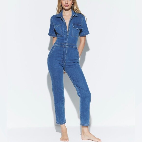 Rivet Utility Rebel Short Sleeve Denim Jumpsuit Stone Wash Blue Size Small - Picture 1 of 13
